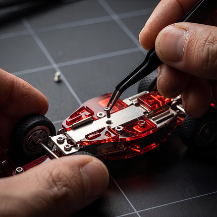 Assembling the metallic chassis of a mechanical steampunk puzzle, showcasing the small components and engineering design.
