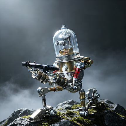 Cinematic action photography of a mechanical steampunk puzzle robot model kit posing in a rugged outdoor battlefield setting.