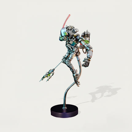Full view of the assembled mechanical steampunk puzzle figure mounted on a sleek black base.