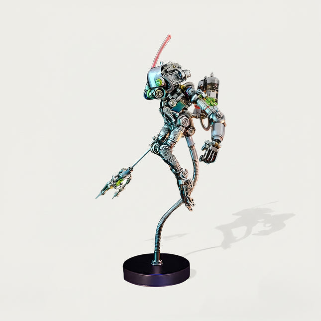 Full view of the assembled mechanical steampunk puzzle figure mounted on a sleek black base.
