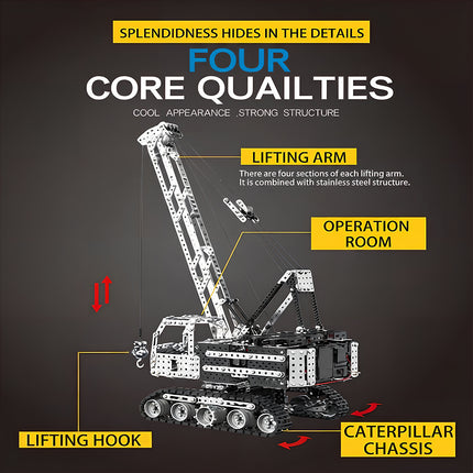 A product feature breakdown banner for a steam punk mech metal model highlighting four core qualities including a lifting arm, caterpillar chassis, and hook.