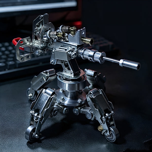 Geek desk decoration featuring a finished mechanical steampunk puzzle heavy turret kit in a modern workspace environment.