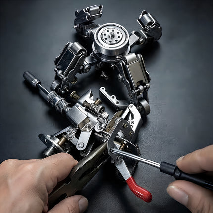 Interactive DIY building process of a mechanical steampunk puzzle heavy turret kit showing hands using a screwdriver and pliers.