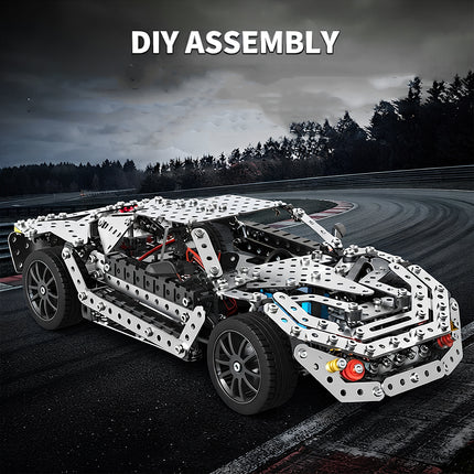 Cinematic product poster of a mechanical steampunk puzzle sports car model highlighting its intricate metal engineering and DIY assembly.