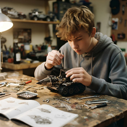 Close-up of a teen hobbyist building a mechanical steampunk puzzle drill rover kit with instruction manuals and screwdrivers.
