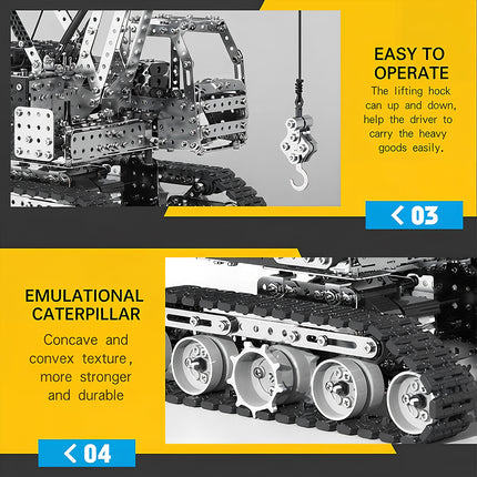 Detailed feature graphic of a mechanical steampunk puzzle kit showcasing functional hooks and durable caterpillar treads.