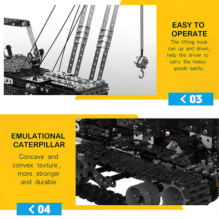Detailed feature graphic of a mechanical steampunk puzzle kit showcasing functional hooks and durable caterpillar treads.