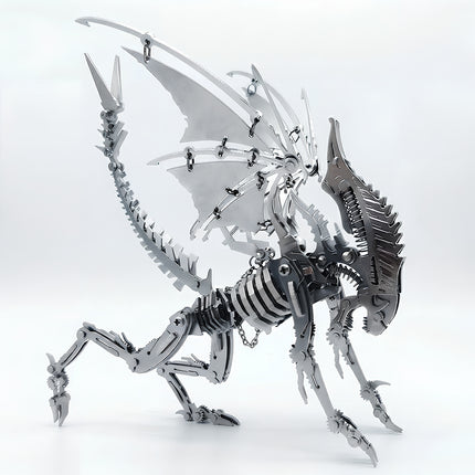 Studio product photo of a mechanical steampunk puzzle beast in a pouncing stance, highlighting its metallic skeletal structure and articulated design.