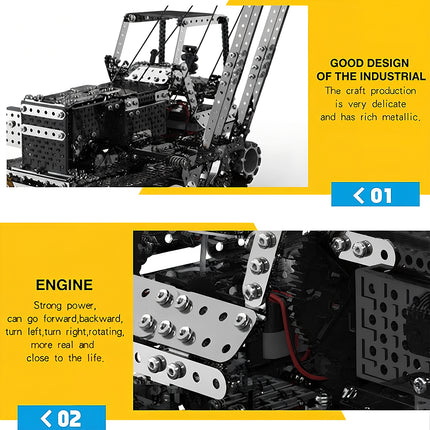 Detailed feature graphic of a mechanical steampunk puzzle kit showcasing refined metallic craftsmanship and multi-directional engine power.