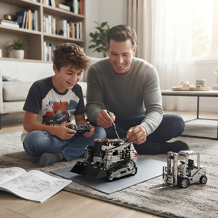 Heartwarming family lifestyle photography of a father and child playing with completed mechanical steampunk puzzle construction vehicles.