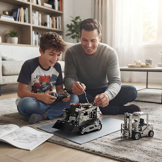 Heartwarming family lifestyle photography of a father and child playing with completed mechanical steampunk puzzle construction vehicles.