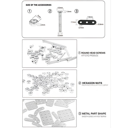 Detailed hardware dimension infographic of a mechanical steampunk puzzle kit showcasing screws, hexagon nuts, and smooth metal parts.