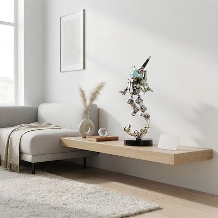 Interior home styling showcasing a finished mechanical steampunk puzzle figure as a sophisticated desktop and shelf ornament.