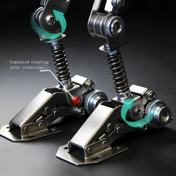 Detailed macro close-up graphic of a mechanical steampunk puzzle robot kit showcasing its simulated rotating joints and mechanical feet.