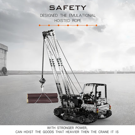 Engineering feature graphic of a mechanical steampunk puzzle crane kit showcasing heavy-duty lifting capacity and safety rope design.