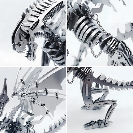 Macro photography showcasing the intricate mechanical structure, metal chain, and joints of a mechanical steampunk puzzle creature.