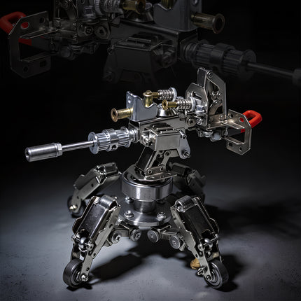 Multi-angle composite product photography of a mechanical steampunk puzzle heavy weapon kit, highlighting precision metal components.