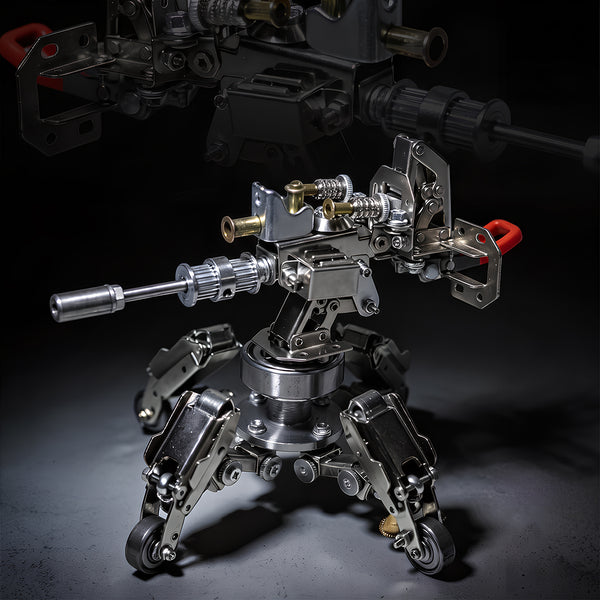 Multi-angle composite product photography of a mechanical steampunk puzzle heavy weapon kit, highlighting precision metal components.
