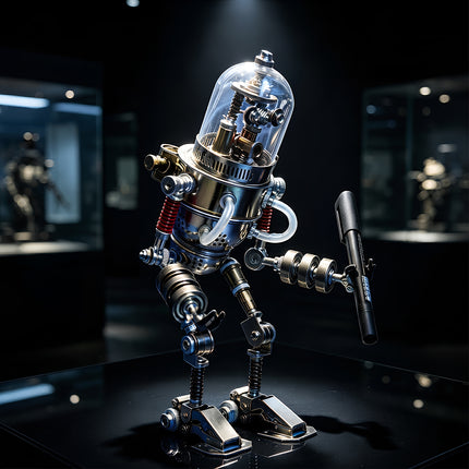 High-end gallery photography of a mechanical steampunk puzzle robot kit featuring dramatic spotlighting in a dark exhibition space.