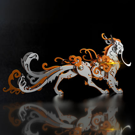 Mechanical steampunk Luwu mythic beast in orange and silver, a detailed 3D puzzle metal kits collectible.