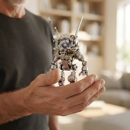 Palm-sized view of a finished mechanical steampunk puzzle astronaut figure, emphasizing its delicate scale and craftsmanship.
