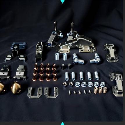Detailed flat lay photography of mechanical steampunk puzzle hardware components, nuts, bolts, and metal sheets.