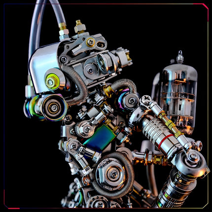 Macro photography of a mechanical steampunk puzzle robot kit, highlighting polished metallic textures and complex assembly parts.
