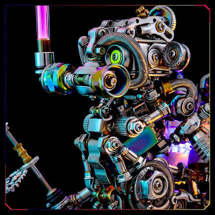 Detailed macro shot of a mechanical steampunk puzzle robot kit showcasing precision chest plating, springs, and optical sensors.