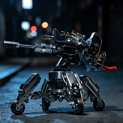 Desktop showcase of a mechanical steampunk puzzle heavy artillery turret kit set against a moody urban bokeh background.