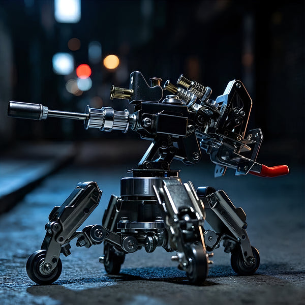 Desktop showcase of a mechanical steampunk puzzle heavy artillery turret kit set against a moody urban bokeh background.