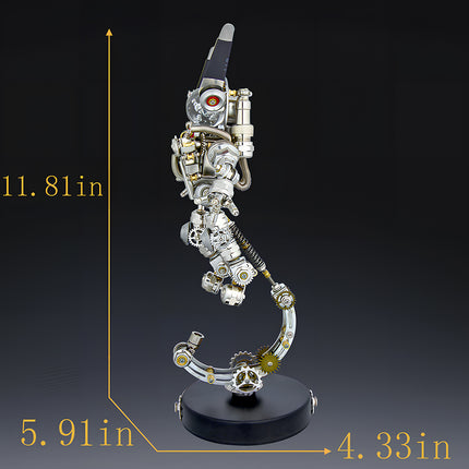 Size chart and technical dimension guide for the mechanical steampunk puzzle astronaut collectible model.