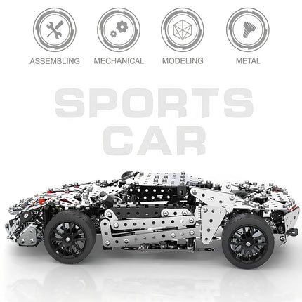 Promotional marketing graphic of a mechanical steampunk puzzle sports car kit highlighting assembling, modeling, and metal build features.