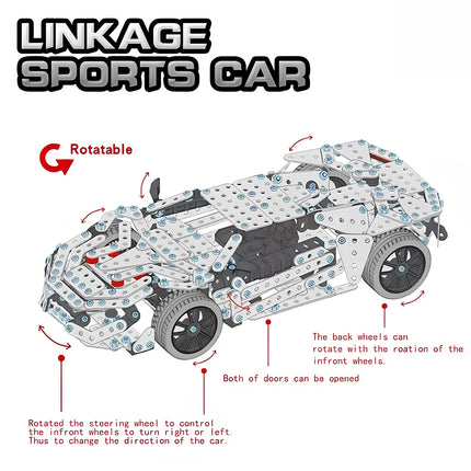Detailed feature breakdown banner of a mechanical steampunk puzzle sports car kit showing steering and wheel rotation mechanisms.