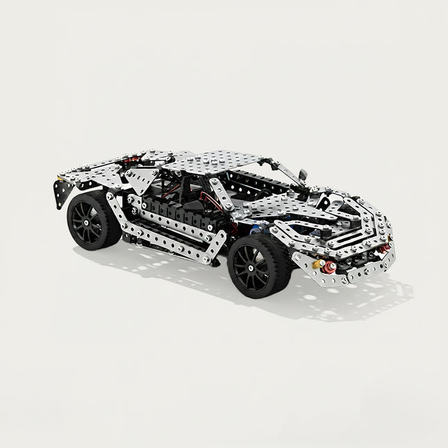 E-commerce product photography of a mechanical steampunk puzzle sports car isolated on a pure white background.