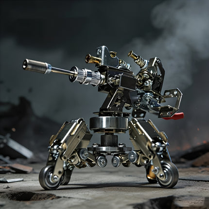 Cinematic diorama photography of a mechanical steampunk puzzle heavy artillery turret kit in a realistic combat environment.