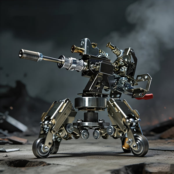 Cinematic diorama photography of a mechanical steampunk puzzle heavy artillery turret kit in a realistic combat environment.