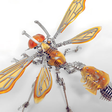 Detailed top view of a mechanical steampunk puzzle wasp featuring articulated metallic legs and amber body from tablefunny.