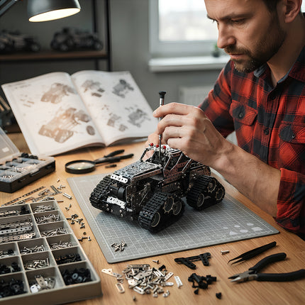 Detailed workshop scene showing the assembly of a mechanical steampunk puzzle vehicle kit with organized parts and tools.