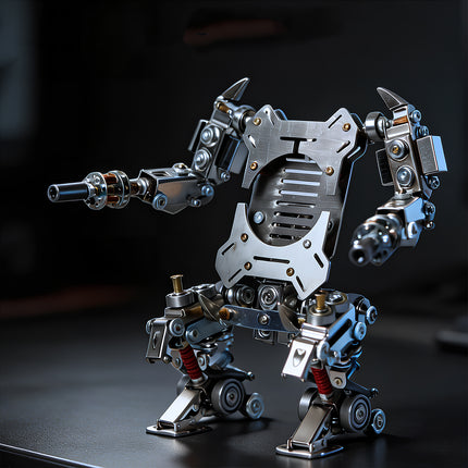 Dynamic angle view of a mechanical steampunk robot metal model built from advanced 3D puzzle metal kits, highlighting detailed joints and spring legs.