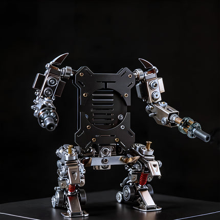 Studio portrait of an assembled mechanical steampunk robot metal model built from advanced 3D puzzle metal kits.