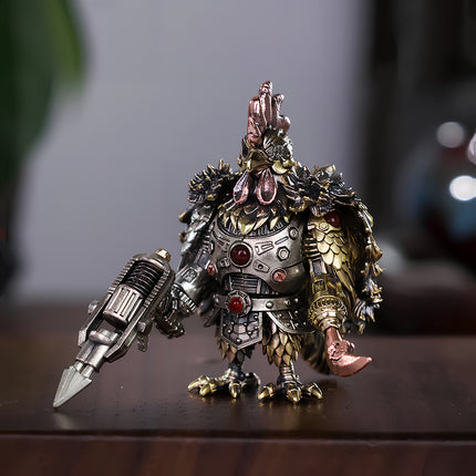 Tactical mechanical steampunk rooster warrior holding a heavy spear gun, a premium metal model for office desktop decor.