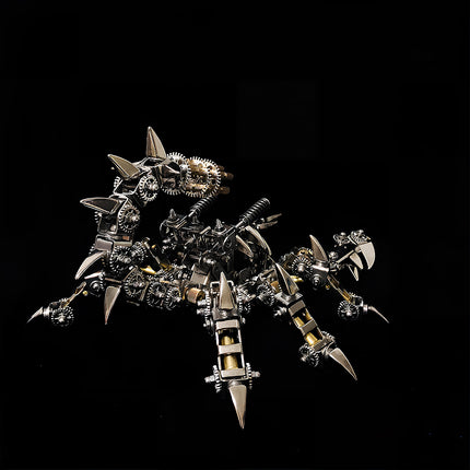 Side perspective view of mechanical steampunk scorpion model with sharp stinger tail, 3D puzzle metal kits by TableFunny.