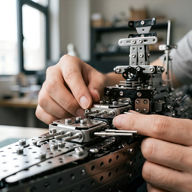 Hands building a detailed mechanical steampunk ship model using 3D puzzle Metal Kits with precision.
