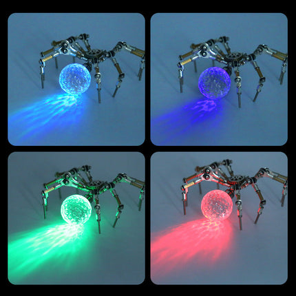 Color-changing steampunk puzzle robotic spider, an intricate metal model assembly kit for tech enthusiasts and collectors.