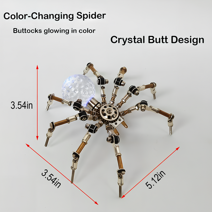 Intricate steampunk puzzle robotic spider featuring color-changing lights and crystal design, a premium metal model from TableFunny.