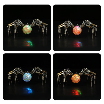 A glowing mechanical steampunk spider figurine with changing colors, showcasing the premium craftsmanship of our steampunk puzzle and metal model collection.