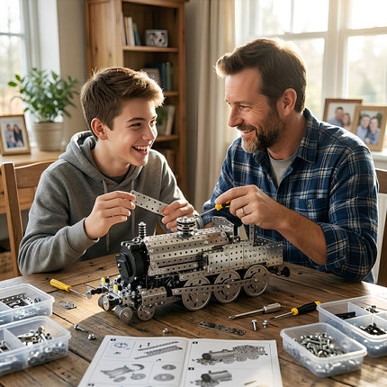 Father and son assembling a complex mechanical steampunk train engine 3D puzzle metal kit on a wooden table.