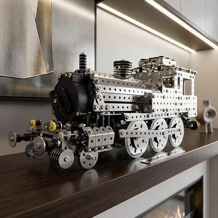 Father and son assembling a mechanical steampunk train engine using a 3D puzzle metal kits set.