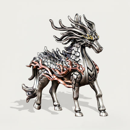 A silver White Dragon Horse metal model inspired by Chinese mythology, assembled from a mechanical steampunk 3D puzzle metal kit with detailed scales and a metallic finish, available at tablefunny.com.
