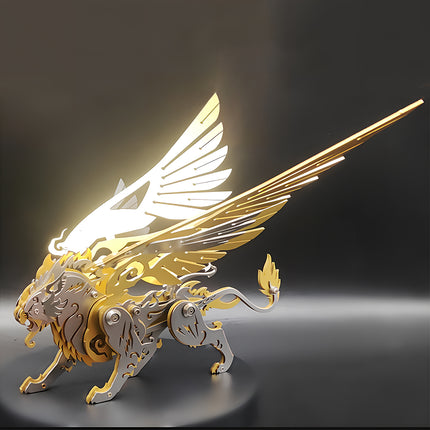 A stunning mechanical steampunk white tiger with glowing golden wings, assembled from a 3D puzzle metal kit as a premium metal model ornament, from tablefunny.com.